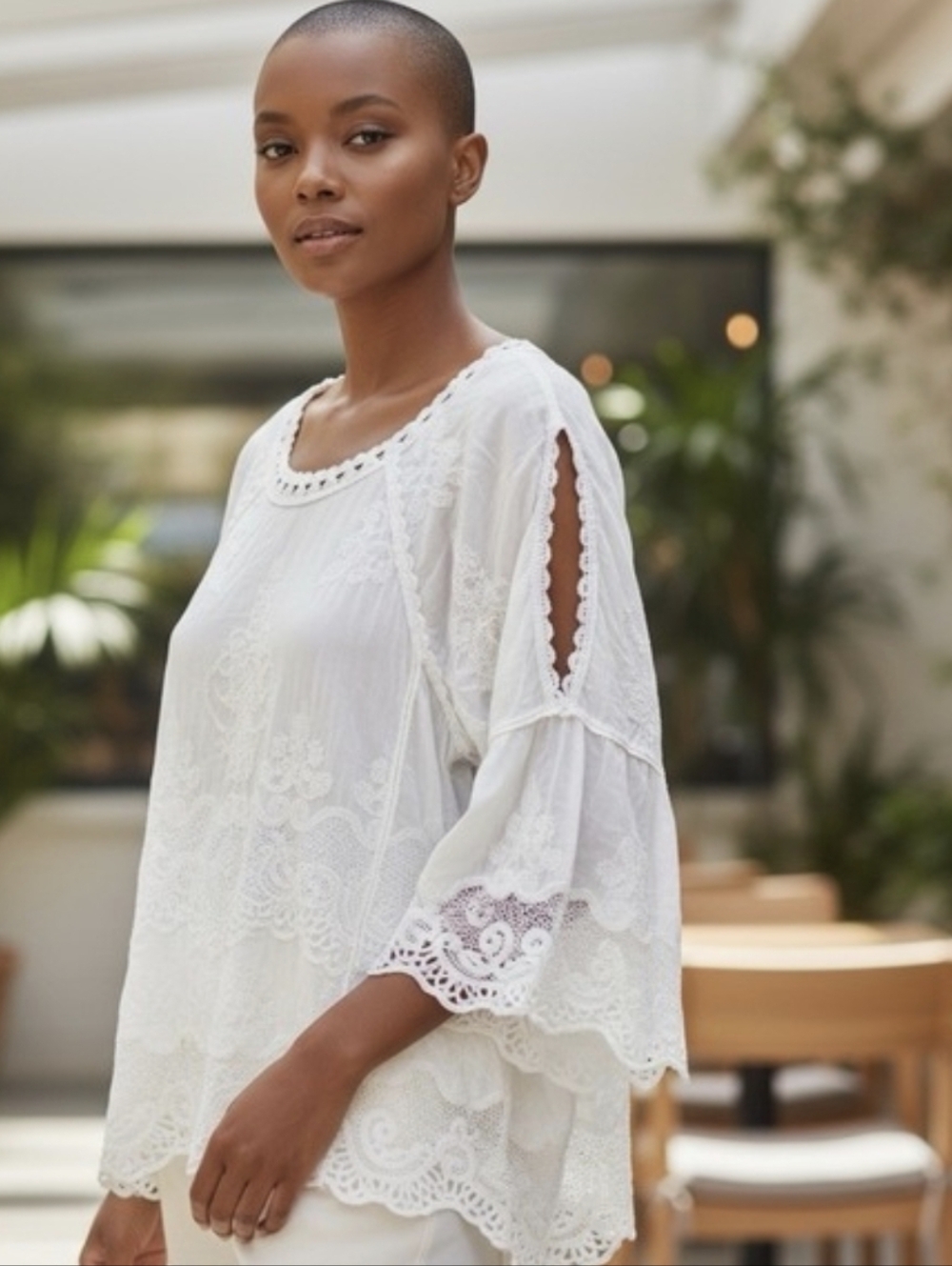 Democracy Boho White Embroidered Lace Bell Sleeve Top - Picture 2 of 12